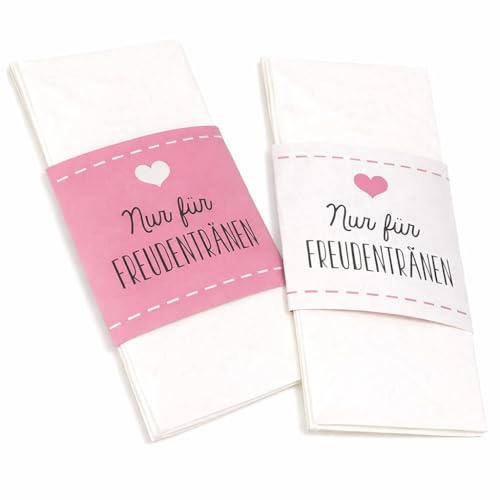 Hochzeitsshop Weddingtree 50 Freudentränen Banderolen Hochzeit – Taschentuch Banderolen für Freudentränen – Hochzeitsdeko Kirche & Standesamt – Gastgeschenk Hochzeit – Design weiß rosa