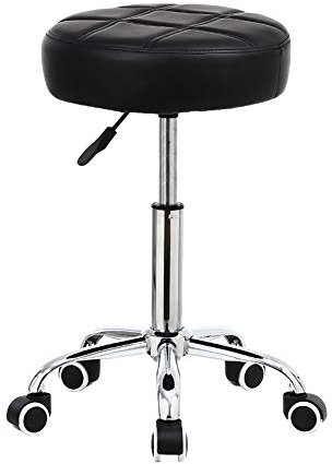 KKTONER Round Rolling Stool Chair PU Leather Height Adjustable Shop Stool Swivel Drafting Work SPA Salon Stools with Wheels Office Chair (Black)