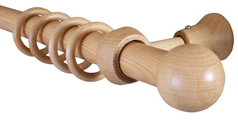 iso-design Holz Gardinenstange mit Endstück Kugel Farbe Eiche hell, 28 mm Durchmesser, Gardinenstange mit Gardinenringen 300 cm (mittig geteilt)