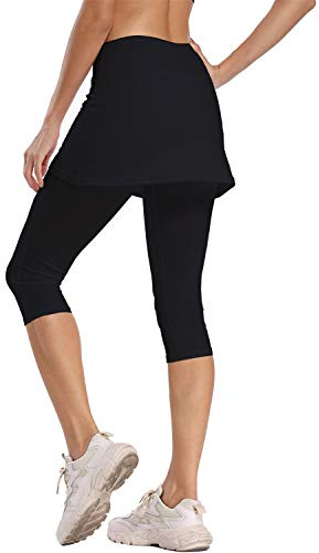 Ibeauti, leggings Capri da donna UPF 50+, con gonna e tasche per gonna, per tennis, corsa, allenamento attivo - Nero - XS