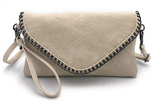 ELIOX - Bolso Clutch de Mujer Elegante con Cadena y Bandolera en Piel Sintética Suave - Bolso Clutch de Noche Pequeño Bolso de Mano para Niña Bolsos Elegantes Ceremonia Boda (BEIGE)