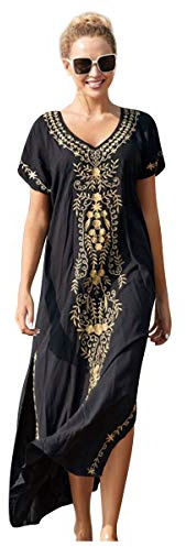 Tunique Longue Femme été Grande Taille Boheme Chic Robe Imprime Africain Caftan Indien Kaftan Long Kimono Ethnique Cache Maillot de Bain Poncho Motif Fleur Pareo Plage Bikini Cover Up ZSCPDN0460BK