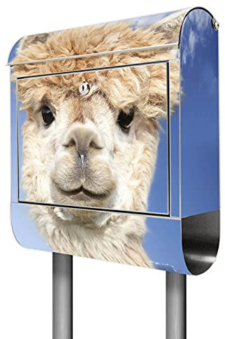 banjado® Briefkasten mit Standfuß Motiv Lama - Stand Briefkasten Edelstahl mit Zeitungsfach - Postbox/Postkasten A4 Einwurf inkl. Montagematerial & 2 Schlüssel