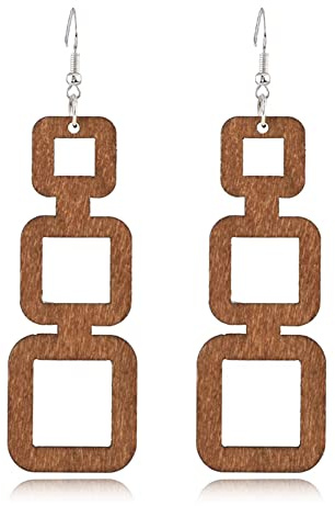 ANXIN STORE Boho Natural Wood Geometric Cutout Round Earrings Vintage Wooden Square Ethnic Drop Earrings For Women Jewelry Gifts (F Zongse wood earrings)