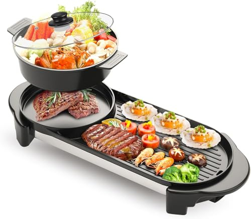 BOEASTER 2 in 1 Electric Smokeless Hot Pot with Grill, 2200W Removable Hotpot Pot, Korean BBQ and Shabu Indoor Combo,Non-Stick Skillet Pan, Dual Adjustable Temperature, 1-6 People