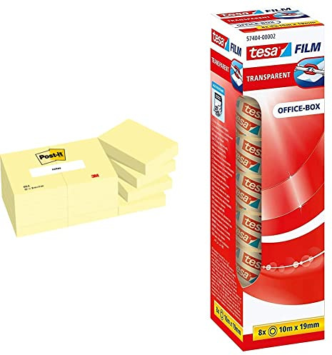 Post-it Haftnotizen 653E 51 x 38 mm gelb 12 Blöcke à 100 Blat & tesafilm transparent - Transparentes Klebeband mit starker Haftung - alterungsbeständig und reißfest - 10 m x 19 mm - 8er Pack