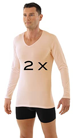 ALBERT KREUZ 2-Pack Herren Unterhemd Langarm V-Ausschnitt Stretchbaumwolle beige, Gr. S