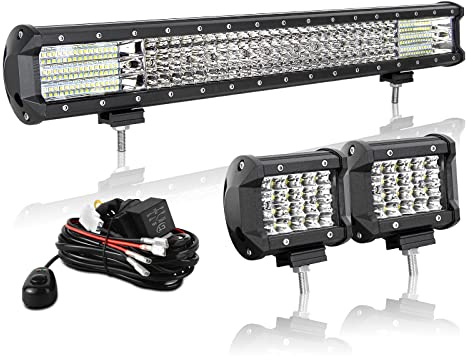AUXTINGS 58 cm 570W LED ljusramp Spot strålkastare, 2x 10 cm 60W spot LED kapslar dimljus med 2 ledningar 12V ledningssele kit för jeep pickup off-road lastbil 4x4 ATV båtsläpvagn,vattentät