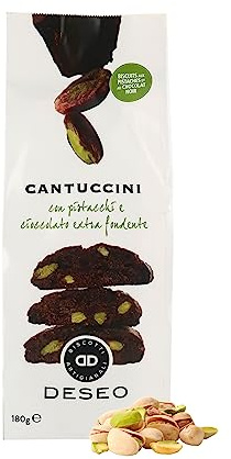 Deseo Cantuccini Artigianali al Cioccolato Fondente e Pistacchi, Biscotti Italiani con Farina di Grano Italiano, Cioccolato Extra Fondente e Pistacchi, Confezione da 180g