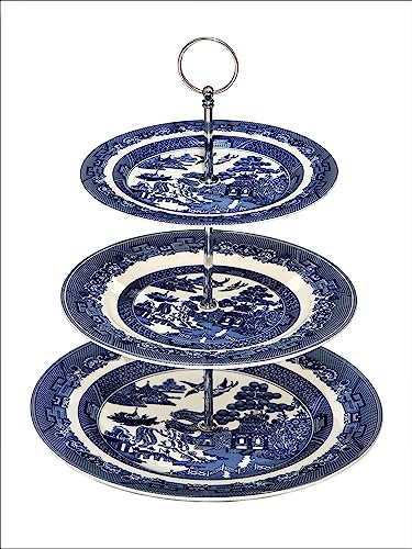 AuraHome Blue Willow 3 Tier Cake Stand Afternoon Tea, Porcleain Serving Dishes 19cm,23cm,28cm Iconic Elegant Blue-Printed Scene on White Porcelain Depicts Nature & Historical Imagery