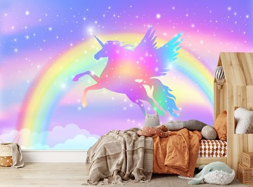Tapete 3D Wandbild Regenbogen Einhorn Fototapete 3D Effekt Vliestapete Wohnzimmer Schlafzimmer Wanddeko