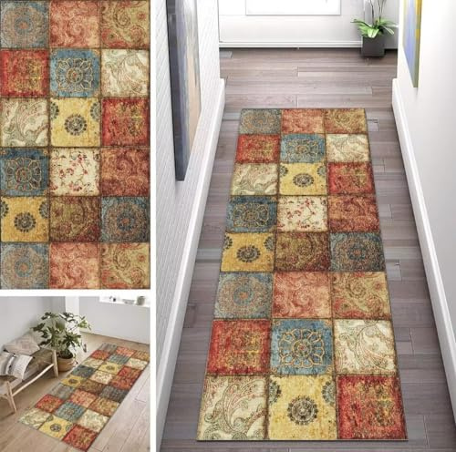 ZUZEKU Boho Läufer Flur Küche Waschbar rutschfest 70X140cm Vintage Bunter Lang Küchenteppich Flurteppich Teppich Fur Korridor Wohnzimmer Schlafzimmer Meterware Anpassbar