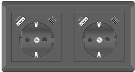 Sasudose Enchufe de Pared, 6 en 1 Doble Enchufe con USB y Tipo C PD 18W, Gris Superficie Empotrado Schuko Tomas de Corriente para Smartphone Tablet MP3