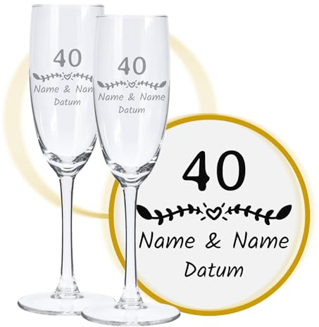 LALALO Sektglas mit Gravur 40. Hochzeitstag (2 St.), Rubin-Hochzeit/Smaragd-Hochzeit Sektgläser Geschenk personalisiert/graviert, Jahrestag (Blütenträume)