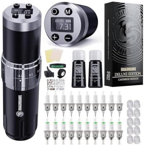 Dragonhawk Tätowiermaschine Set Kabellose Rotations-Pen mit 2 Akkus, Verstellbarer Hub, 20 Tattoo-Nadelkassetten für Anfänger