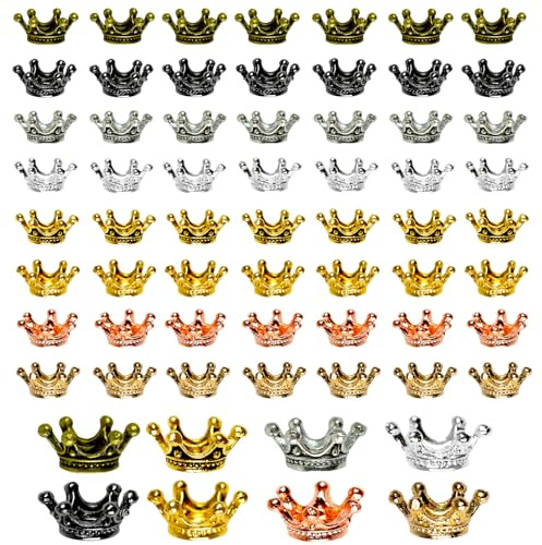 RYXZEN 64 Stück Kleine Golden Kronen, 8 Farbe Krönchen Anhänger Mini Krone Deko Charm Set Vintage Tibetischen Legierung Perlen Kappe Charm zum Basteln DIY Krone Schmuck Schlüsselanhänger Selber Machen