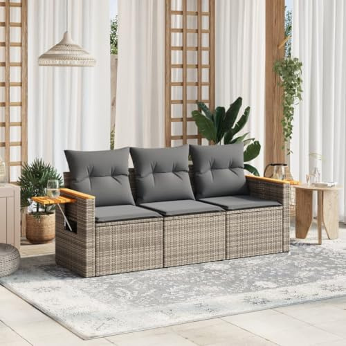 Rantry 3-teiliges Gartensofa-Set mit grauen Kissen aus Polyrattan, Set Sofa Wohnzimmer Sofa Garten, Outdoor-Sofa Möbel, Modernes Sofa Set Outdoor-Sofas, k