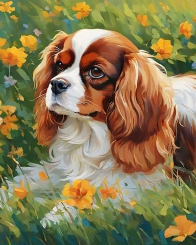 ZMHZMY Malen nach Zahlen Cavalier King Charles Spaniel und Blumen Painting by Numbers Kit DIY ölgemälde Kit für Erwachsene,Anfänger Painting Set 16x20 Zoll Leinwanddruck Wandkunst Dekoration