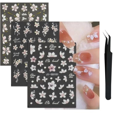 3 Blatt Nagelsticker,Nagelsticker Selbstklebend,Nail Art Sticker Selbstklebend Nagelaufkleber Sommer Schmetterling Blumen Blatt Dekoration Nageldesign Zubehör für Frauen,Mädchen (Flower A-3sheets)