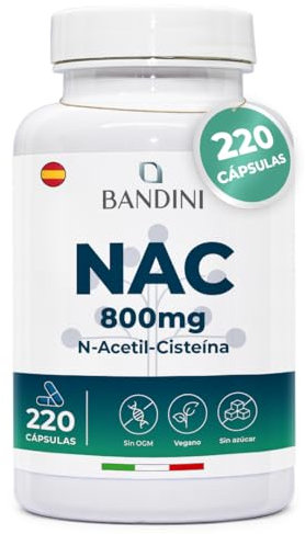 Bandini® NAC N-Acetilcisteína | 800 mg - 220 Cápsulas | Más de 7 Meses de Suministro | Antioxidante y Aminoácido N-Acetil-Cisteína, Natural Precursor de Glutatión | Vegano, Sin OGM
