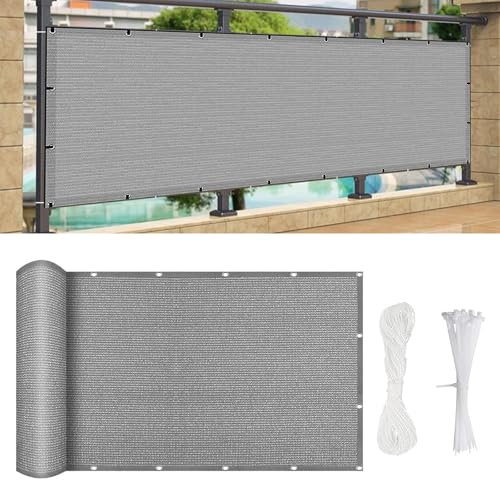 Balkon Sichtschutz Balkonabdeckung 350 x 200 cm Windschutz Und Sonnenschutz, Balkonverkleidung Balkonumspannungen, mit Kabelbinder Und Kordel, für Terrasse, Hinterhof, Hellgrau