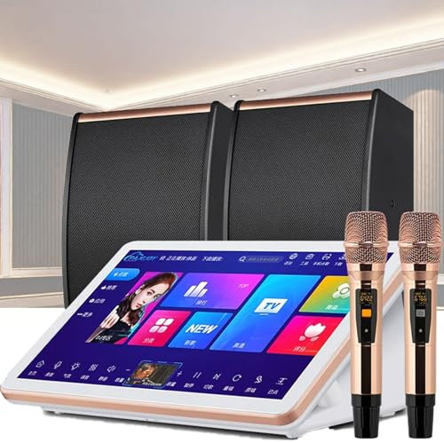Karaoke System, 18.5 Inch Touch Screen Desktop KTV Player Karaoke Machine with Wireless Microphone & Audio, AI Smart Voice Control, Support Multiple Languages for Home Party KTV DJ Bar(White,40 thousa