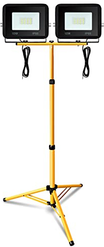 Daromigo LED Baustrahler mit Stativ, 2x10W 900LM Warmweiß Licht 3000K für Baustelle, Werkstatt oder Keller, IP66 Baulampe LED für Innen- & Außenbereich, HöHenverstellbar (kein Stecker)
