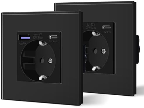 BSEED Lot de 2 prises murales 3 en 1, encastrables, en verre, avec ports USB-A et USB-C, puissance de charge rapide de 20 W, noir