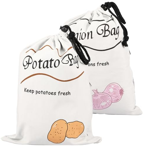 Borsa portaoggetti per patate e cipolle con fodera oscurante in cotone con coulisse con cerniera laterale, 35 x 26 m, riutilizzabile, per verdure, cipolle, patate, aglio, pepe (2 pezzi)