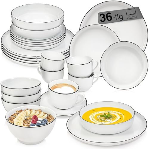 SÄNGER | Kombiservice Marlo Black Rim Weiß/Schwarz, 30tlg Geschirrset für 6 Personen mit Speise-, Dessert-, Schalen, Müslischalen und Kaffeebechern aus Porzellan | PREMIUM COLLECTION