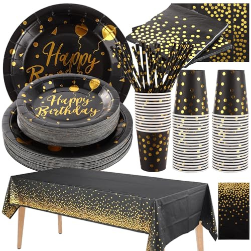YOUNTHYE Lot de 252 assiettes en carton noir et doré de 17,8 cm + 22,9 cm, serviettes, pailles, gobelets en carton, nappe, vaisselle de fête pour 50 invités