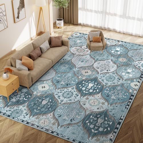 IKALIFE Large Rugs for Living Room - 160x230 cm Machine Washable Soft Low Pile Non-Slip Vintage Floral Print Area Rugs for Lounge Bedroom Dining Room, Non-Shedding Stain Resistant Carpet, Blue