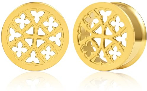 DOEARKO Ohr Flesh Tunnel Herz Double Flared Hohl Edelstahl Ohr Tunnel Plug Gestreckte Expander Stretching Ohr Piercing Schmuck für Frauen und Männer (Gold,12mm)