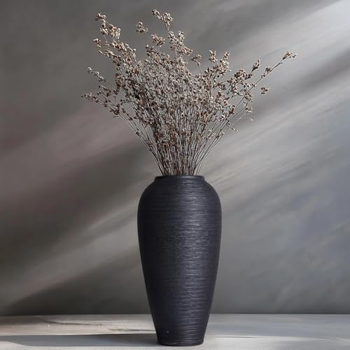Rustikale Keramikvase – 34 cm Schwarze Hohe Bauernhaus Vase – Große Vintage Vasen – Moderne Terrakotta Dekovase für Wohnzimmer, Flur, Esstisch, Küche – Perfektes Einweihungsgeschenk