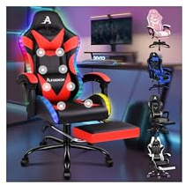 ALFORDSON Gaming-Stuhl Massage LED Gamer-Stühle, ergonomisch Schreibtischstuhl Bürostuhl 150° Neigung,360° Drehstuhl, einziehbarer Fußstütze, höhenverstellbar, 180 kg Tragkraft, PU-Leder,Rot