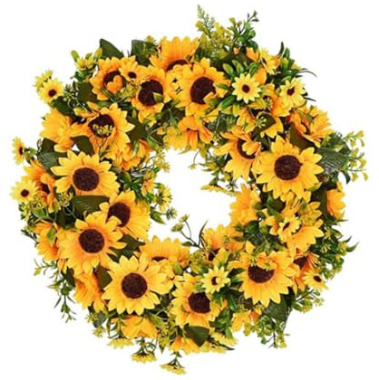 Rachlicy Summer Wreath Yellow Sunflower Green Leaves Garland Artificial Flower Wreath for Front Door 40cm Spring Decor