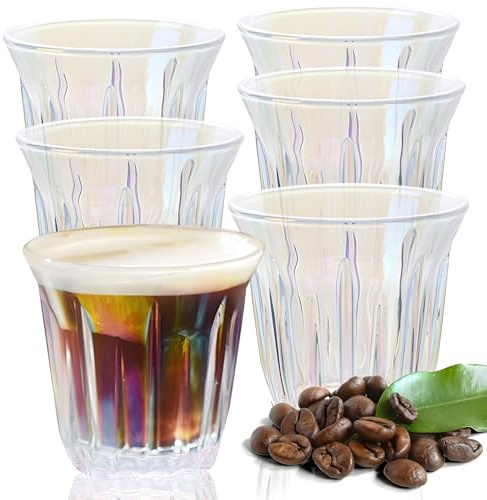 JanYoo Espressokoppar, set om 6, 90 ml, espressomuggar, set, espressoglas, mockakappar av borosilikatglas, tjockväggiga dessertglas, cappuccino-koppar, kaffekoppar, whiskykoppar för hemmet (färgad)