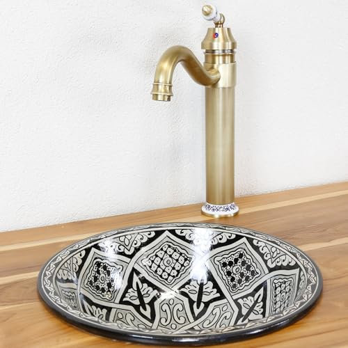 Casa Moro Lavabo noir en céramique pour salle de bain et WC d'invités, vasque encastrable rond sans trou de robinetterie et sans trop-plein/vasque à poser