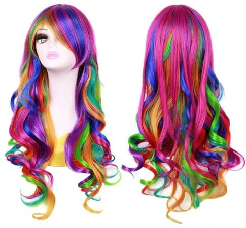Bunte Perücke,Regenbogen Perücke für Damen,Länge Locken Glamor Perücke,Gewellt Perücke Bunte,Kunsthaar Wig Synthetische Perücke perücke Fasching Damen für Alltag, Cosplay, Halloween, Karneval