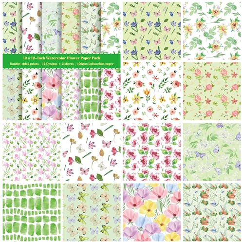 ZAKHSE Bastelpapier Muster, 24 Blatt Aquarellblumen Motivpapier Doppelseitig Bedruckt, 30x30cm Frühling Motive Designpapier, 100gms Scrapbook Papier für DIY Basteln Karten Gestalten, 12 Designs