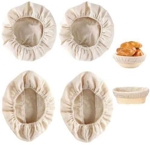 4 Pezzi Cestino da Lievitazione, 25 cm Cestino Rotondo da Lievitazione, Cesto in Rattan Naturale con Tela di Lino, Cestino per La Fermentazione, Accessori per Cottura Del Pane