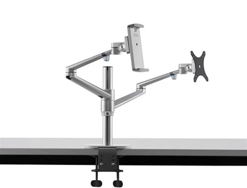 XDAWQP Bureau D'Écran 3 en 1 en Aluminium, Réglable en Hauteur, Double Bras, Support D'Écran 17-32 Pouces, Support pour Ordinateur Portable 12-17 Pouces, Support pour Tablette 14 Pouces, Argent