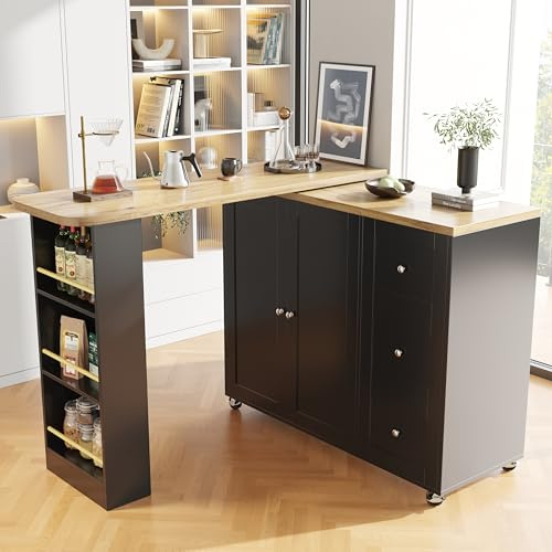 LANTRO JS Breakfast Bar Table with Storage, 360° Swivelling Breakfast Bar Table, Extendable Dining Table with Flexible Castors, Bar Table with Three Drawers and Snack Rack, Black
