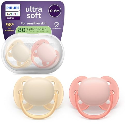 Philips Avent Ultra Soft Ciuccio - Design ortodontico, per neonati 0-6 mesi, scudo flessibile, tettarella simmetrica in morbido silicone, senza BPA, confezione da 2, SCF091/38