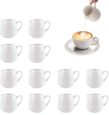 12 PCS White Ceramic Mini Milk Jugs with Handle 110ML Small Creamer Pitchers for Sauces Milk Dressing Microwave Safe Reusable Fingerprint Gravy Jug for Coffee Gravy Container