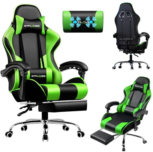 LUCKRACER Silla Gaming con Masaje Ergonómica | Reposapiés y Reposacabezas Retráctil | Soporte 150 kg | Oficina y Hogar | Color Verde