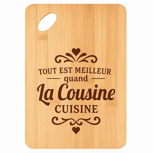 Planche à Découper Meilleur Quand la Cousine Cuisine - Plateau Apéro en Bambou Cadeau Gravé pour Femme Anniversaire Famille Cuisine Barbecue