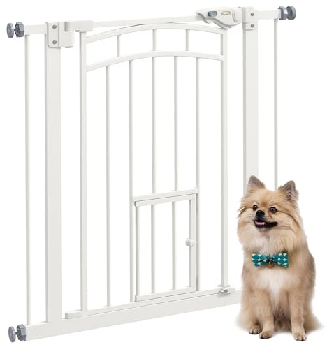 PawHut Barrera de Seguridad para Perros Extensible 74-80 cm, para Puertas y Escaleras, Barrera para Perros con Montaje a Presión, Puerta Pequeña y Doble Bloqueo, Blanco