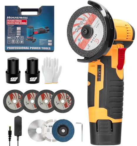 76MM Mini Smerigliatrice a Batteria, 19500 RPM Mini Smerigliatrice Angolare a Batteria con 2 Batterie e 7 Dischi da Taglio per Tagliare, Lucidare e Levigare