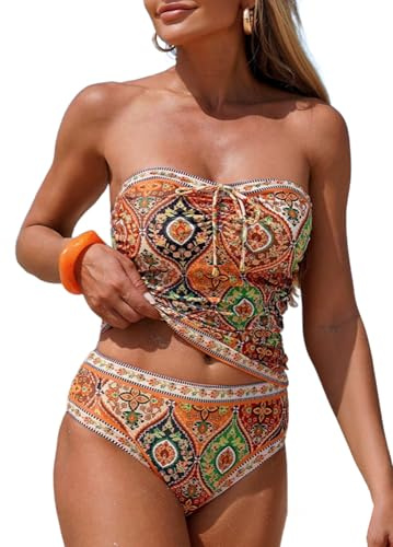 ZAFUL Bandeau Tankini Swimsuits for Women Tummy Control Slim Fitted Swimwear Strapless 2 Piece Bathing Suit 0-Orange L